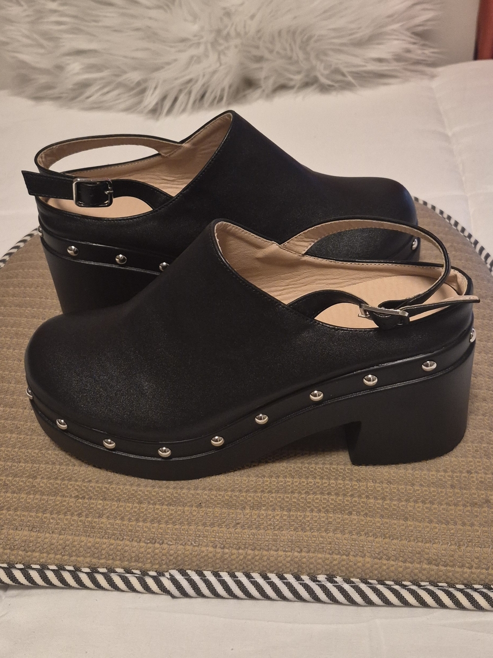 Black Studded Platform Slingback Clogs - Women's